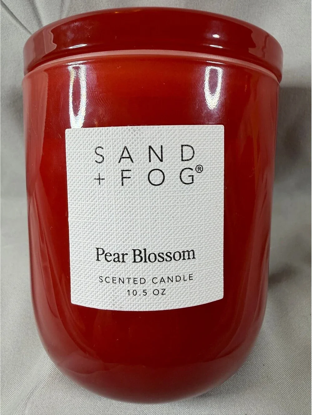 Sand + Fog Pear Blossom Scented Candle 10.5 oz Red Jar
